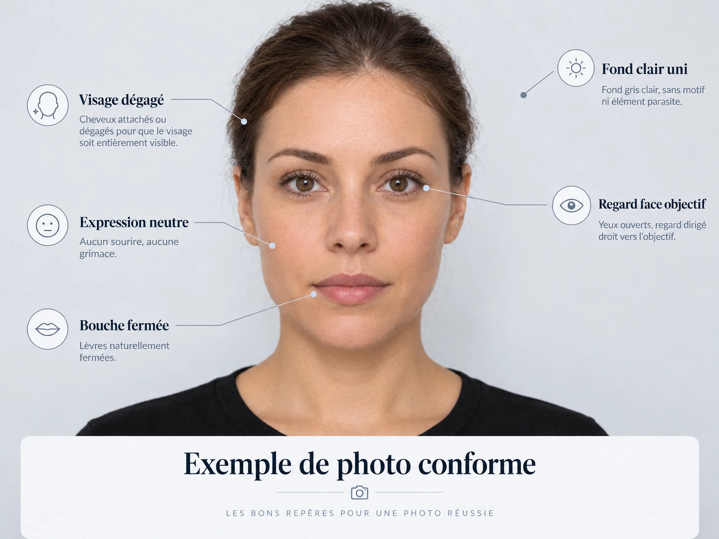 Illustration des principaux repères d'une photo d'identité conforme